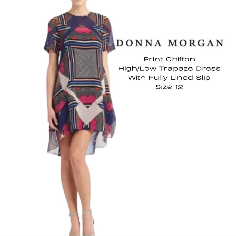 Donna Morgan Print Chiffon High/Low Trapeze Dress (size 12)